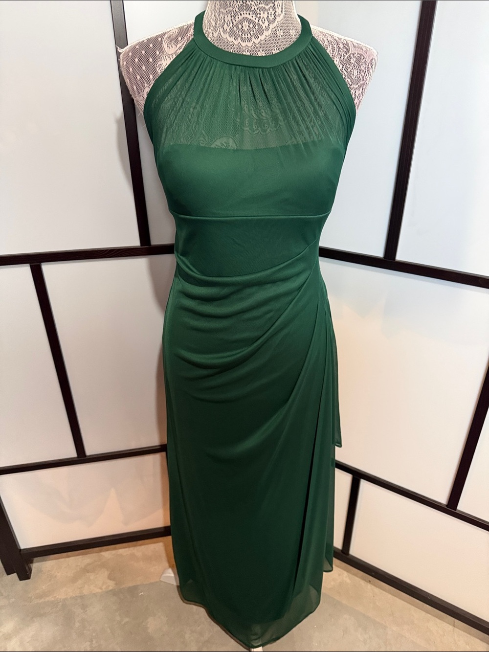 David's Bridal Dark Green Halter Maxi Dress with Lace Yoke